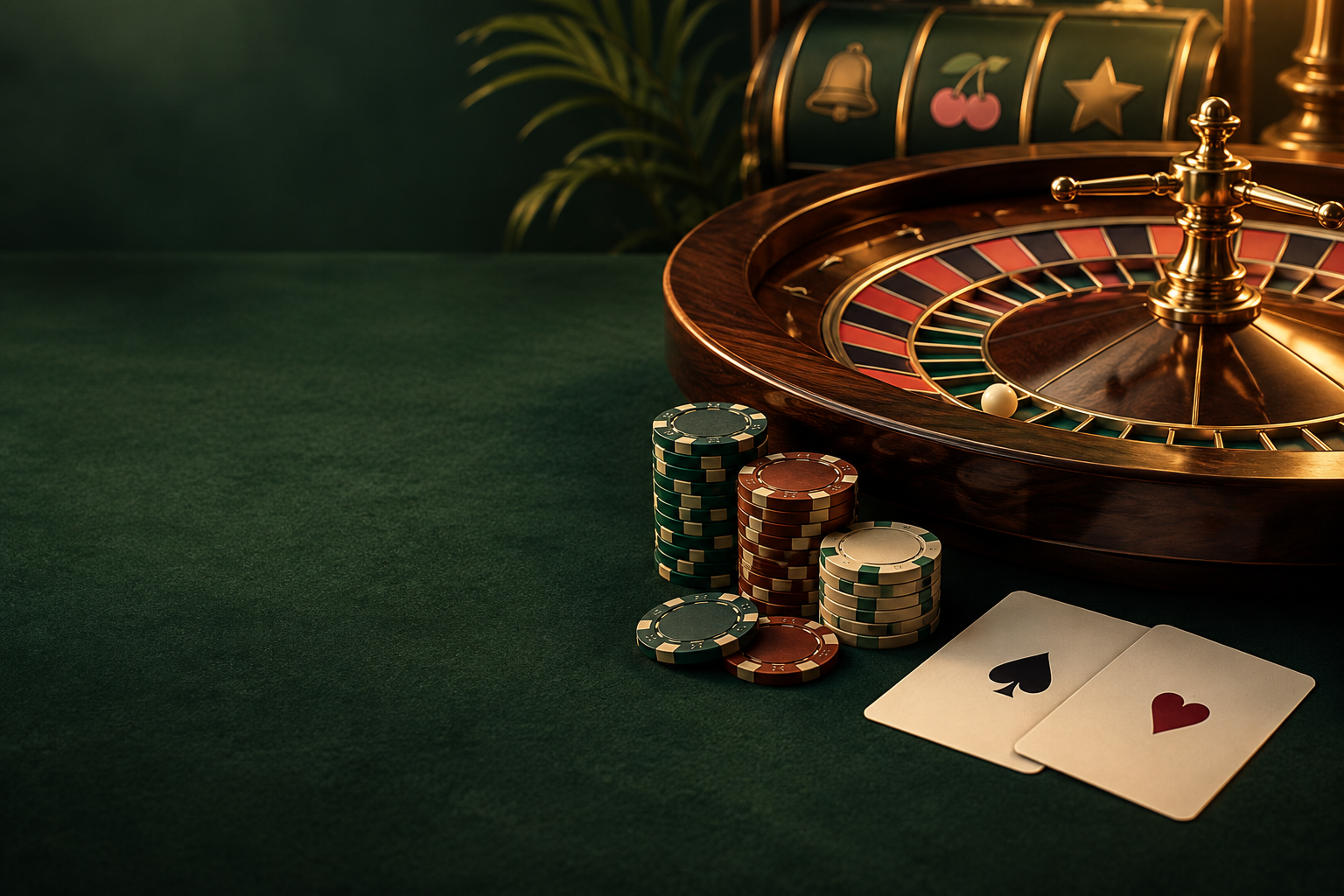 Ilustrasi roda roulette, kartu dan keping kasino dengan pencahayaan tembaga